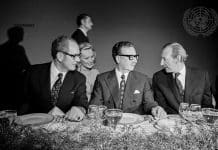 President Salvador Allende of Chile paid an official visit to United Nations Headquarters and addressed the General Assembly. He conferred with the Assembly President and the Secretary-General, met with the Heads of Latin American delegations, attended a luncheon in his honour and held a press conference. Here, President Allende is seen at the luncheon with Assembly President Stanislaw Trepczynski (Poland) and Secretary-General Kurt Waldheim. Seated behind them is Mrs. Nathalie V. Teleki, U.N. Interpreter.