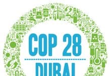 Logo for COP28 i Dubai UAE der er grønt og blå