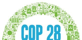 Logo for COP28 i Dubai UAE der er grønt og blå