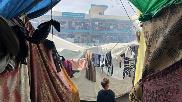 Palæstinensiske familier, der har mistet deres hjem, søger tilflugt på en UNRWA-skole i Deir Al Balah. © 2023 UNRWA Foto af Mohamed Hinnawi