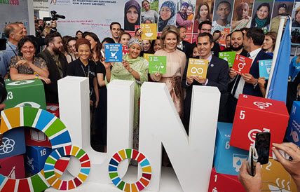 Amina J. Mohammed, Deputy Secretary-General of the United Nations, and Queen Mathilde of Belgium, at the UN's European Development Day stand