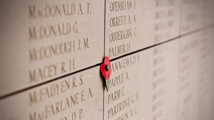 Poppy on Menin Gate in Ypres, Belgium. © Jelleke Vanooteghem