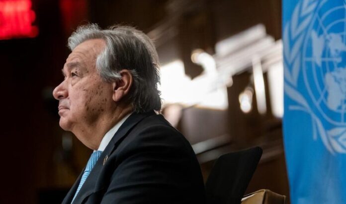 UN Photo/Mark Garten The UN Secretary-General, António Guterres, attends a virtual meeting marking the 75th anniversary of the first United Nations General Assembly