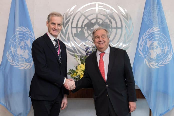 Secretary-General António Guterres (right) meets with Jonas Gahr Støre, Leader of the Norwegian Labour Party and now Prime Minister.