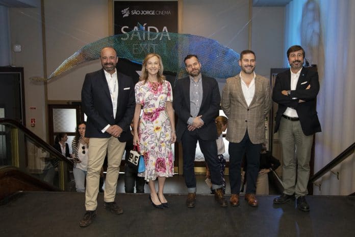 An image of the introductory speakers at Cinè-ONU's screening of 'The Loneliest Whale'. From left to right: Miguel de Serpa Soares, Ambassador Randi Charno Levine, Joshua Zeman, Diogo Moura, and Tiago Pitta e Cunha.