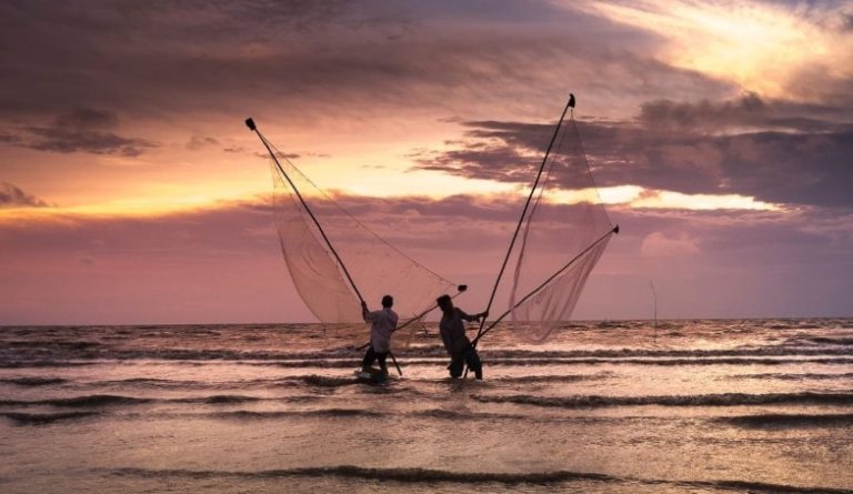 Two fishermen fish with nets on the beach