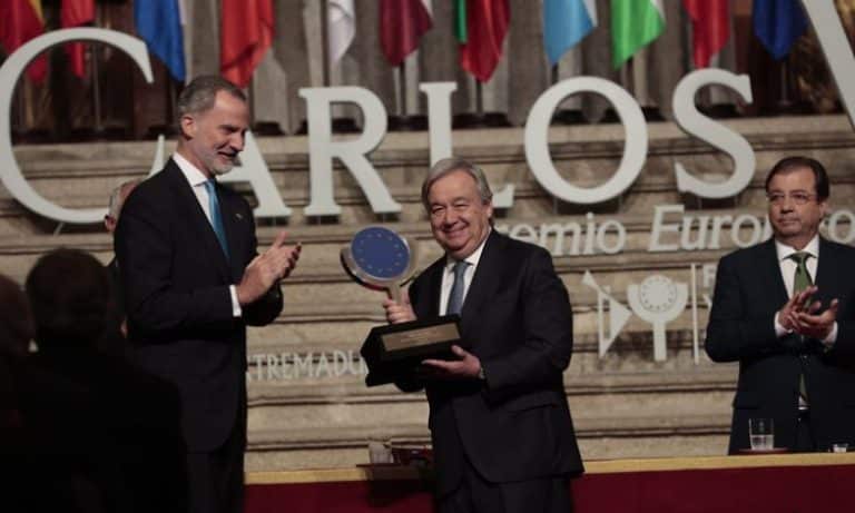 Guterres calls for peace and diplomacy as he receives Carlos V European Award