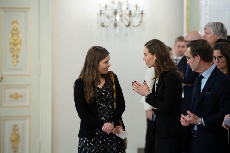 Sanna Marin and Katrín Jakobsdóttir at the time Prime Ministers of Finland and Iceland at the Nordic Council in Helsinki in 2022