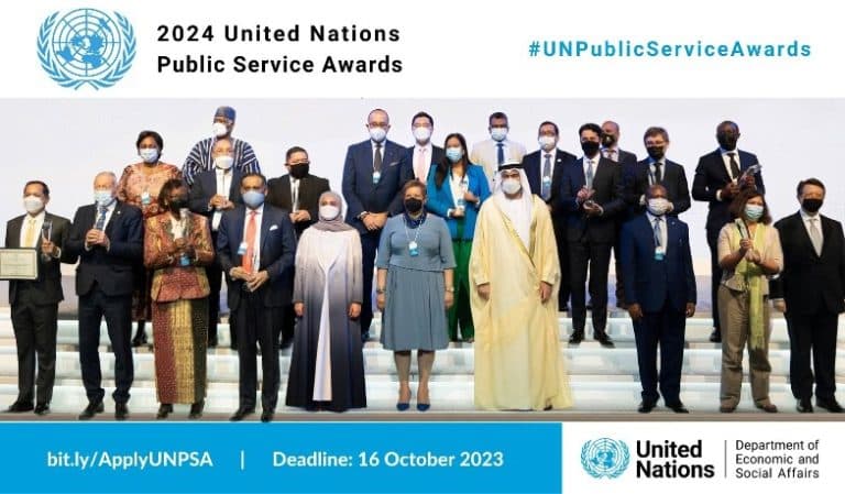 United Nations Public Service Awards banner featuring previous laureates