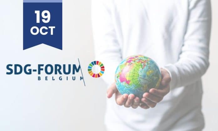 SDG Forum Belgium promotional image with logo and person holding a planet