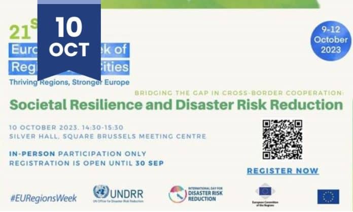 Promotional banner for the event: Bridging the gap in cross-border cooperation: societal resilience and disaster risk reduction (UNDRR and COR)