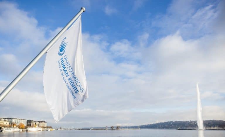 Flag above Lake Geneva sporting the UN Human Rights office's logo