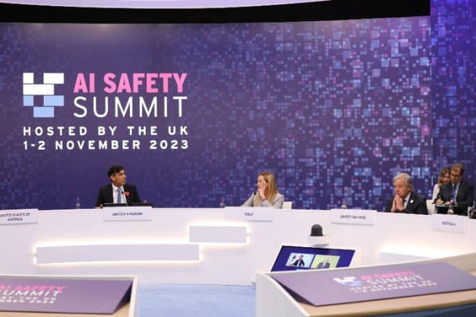 United Nations Secretary General Antonio Guterres, British Prime Minister Rishi Sunak and Italian Prime Minister Giorgia Meloni during the AI Safety Summit