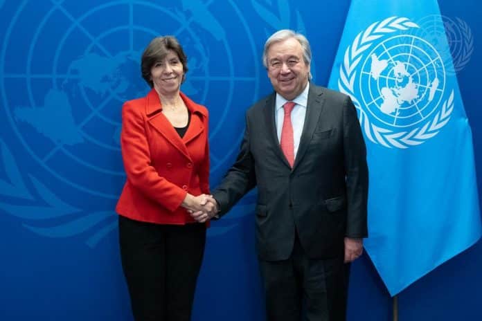 Secretary-General António Guterres (right) meets with Catherine Colonna,