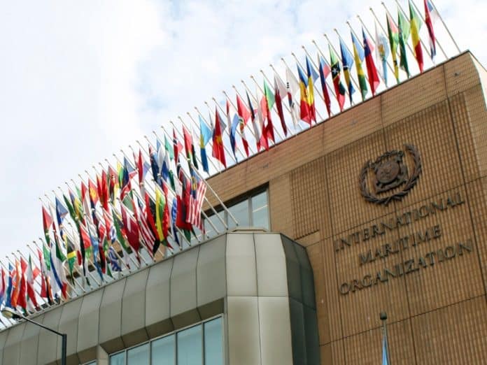 Flags outside headquarters of International Maritime Organization in London