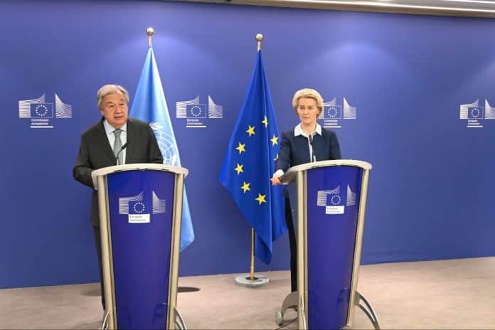 United Nations Secretary-General António Guterres with Ursula von der Leyen, President of the European Commission.