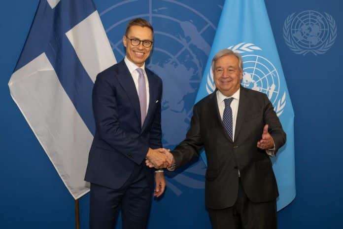 Secretary-General António Guterres (right) meets with Alexander Stubb, President of the Republic of Finland.