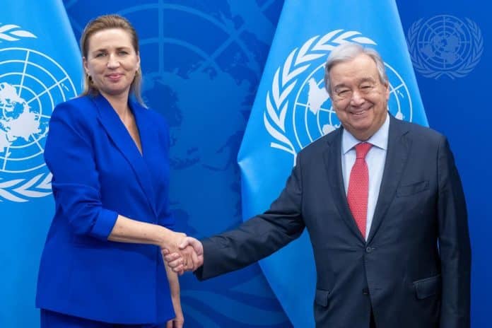 Secretary-General António Guterres (right) meets with Mette Frederiksen, Prime Minister of Denmark.