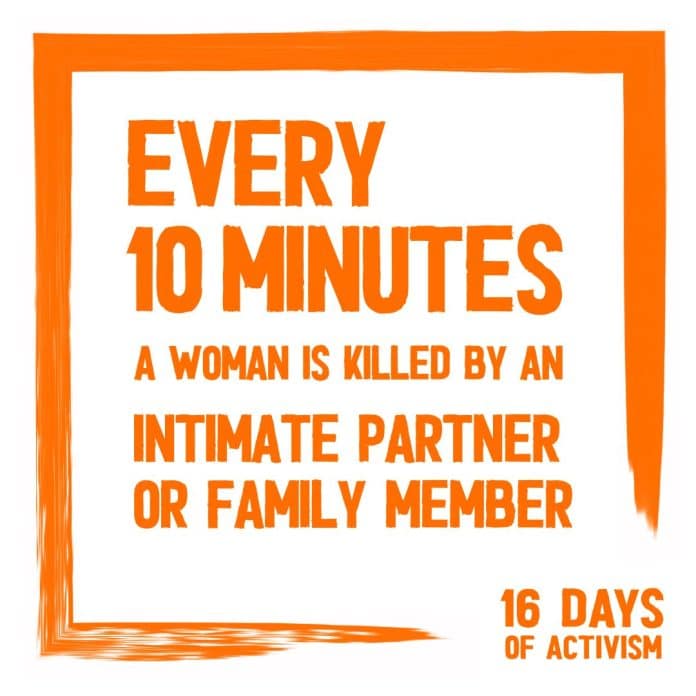 Femicide fact card written every ten minutes a women is killed by an intimate partner or family member