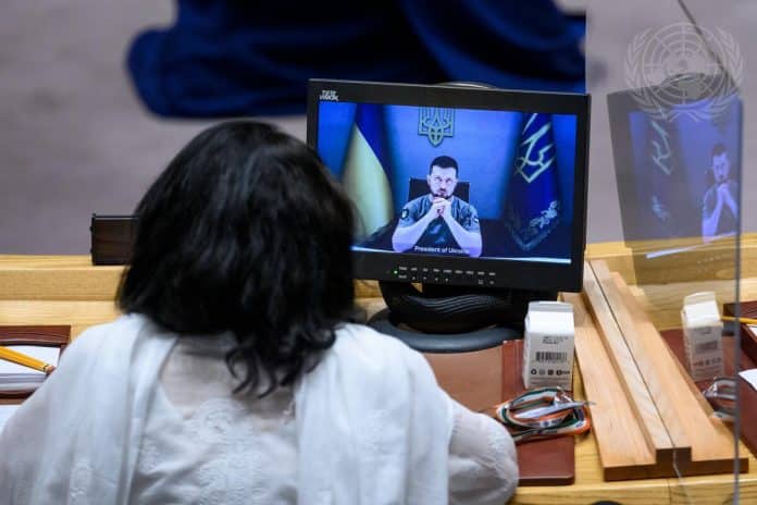 Volodymyr Zelenskyy, President of Ukraine, (on screen) addresses the Security Council Meeting on Maintenance of Peace and Security of Ukraine.