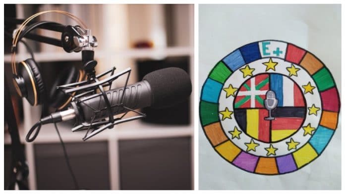 Un micro et un casque de radio et le dessin d'un logo Erasmus +