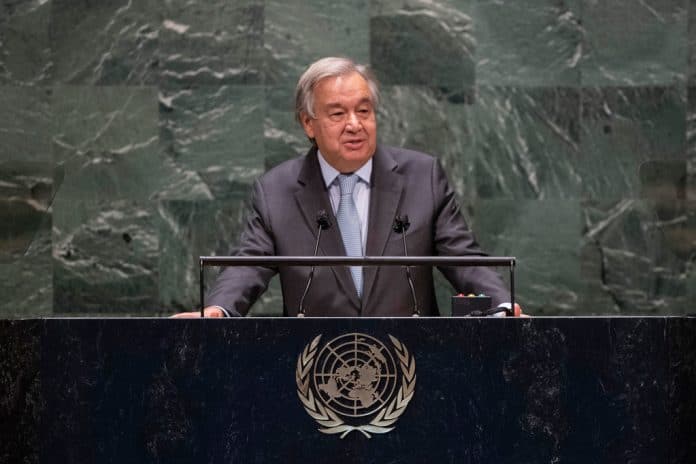 Le Secrétaire général de l'ONU, Antonio Guterres,à la tribune de l'Assemblée générale des Nations Unies