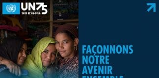 ONU75-logo-trois-femmes-souriantes-slogan-façonnons-notre-avenir-ensemble