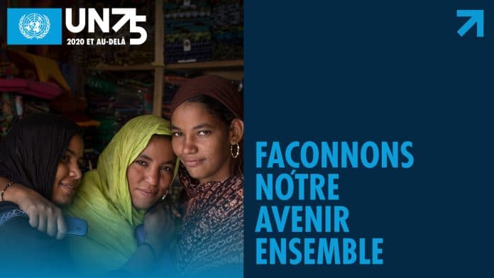 ONU75-logo-trois-femmes-souriantes-slogan-façonnons-notre-avenir-ensemble