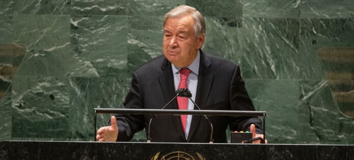 Le Secrétaire général de l'ONU, António Guterres, à l'ouverture du débat général de l'Assemblée générale des Nations Unies.