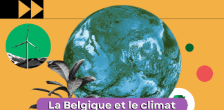 sur un fond jaune moutarde, il y a la planète au centre l'image et plusieurs bulles de différentes couleurs. Sur une bande violette, il est inscrit la belgique et le climat