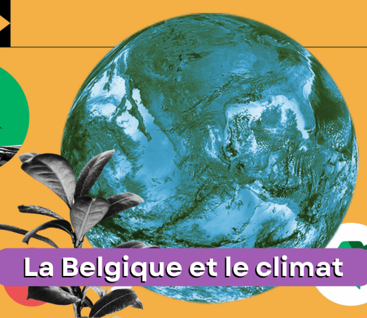 sur un fond jaune moutarde, il y a la planète au centre l'image et plusieurs bulles de différentes couleurs. Sur une bande violette, il est inscrit la belgique et le climat