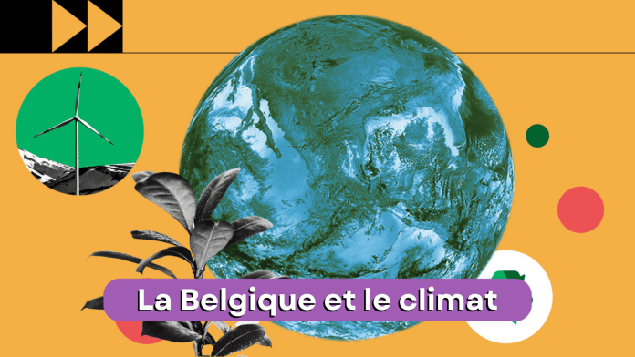 sur un fond jaune moutarde, il y a la planète au centre l'image et plusieurs bulles de différentes couleurs. Sur une bande violette, il est inscrit la belgique et le climat