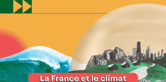 sur un fond jaune moutarde, on voit une montagne bleue et au premier plan, une ville sous un globe. Il y a une bande rouge sur laquelle est écrit "la france et le climat".