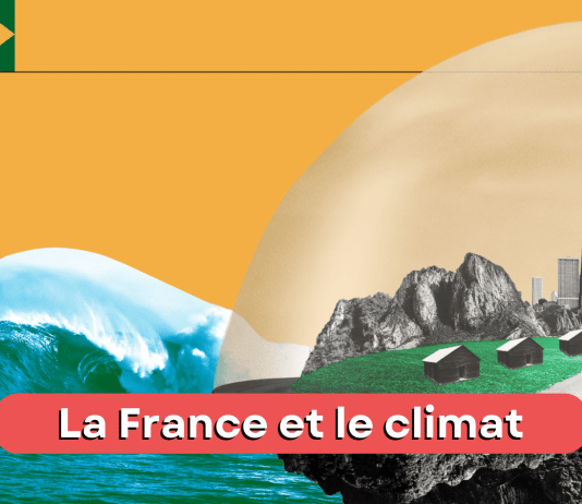 sur un fond jaune moutarde, on voit une montagne bleue et au premier plan, une ville sous un globe. Il y a une bande rouge sur laquelle est écrit "la france et le climat".