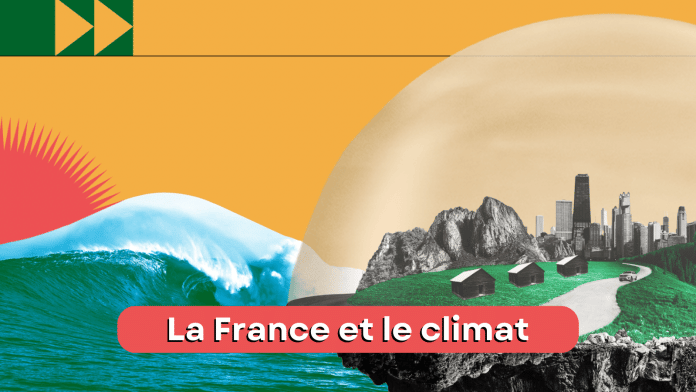 sur un fond jaune moutarde, on voit une montagne bleue et au premier plan, une ville sous un globe. Il y a une bande rouge sur laquelle est écrit