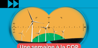 Dessin d'éolienne avec mention Une semaine à la COP27