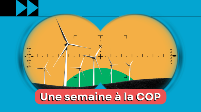 Dessin d'éolienne avec mention Une semaine à la COP27