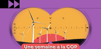 Dessin d'éolienne avec mention Une semaine à la COP27