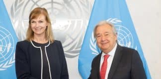 Anna Jóhannsdóttir nýr fastafulltrúi Íslands ásamt António Guterres aðalframkvæmdastjóra.