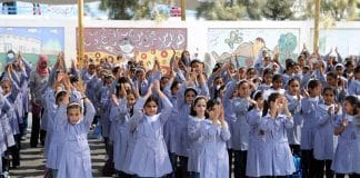 Before the 2022 war. Young Palestinian girls in Gaza, gathered in the courtyard of their school supported by UNRWA.