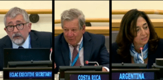 From left to right, Mario Cimoli, ECLAC’s Acting Executive Secretary; Rodrigo Carazo, Permanent Representative of Costa Rica to the United Nations and María del Carmen Squeff, Permanent Representative of Argentina to the United Nations.