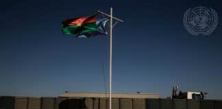 A view of the flags of Burkina Faso and the United Nation