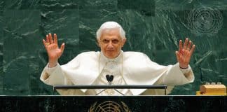 Pope Benedict XVI is addressing the United Nations