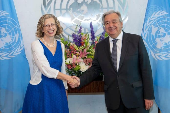 Secretary-General António Guterres (right) swears in Inger La Cour Andersen, Executive Director of the United Nations Environment Programme (UNEP)