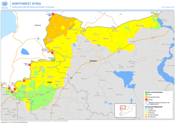 Northwest Syria: Earthquake Affected Areas and Border Crossings (As of 9 February 2023)