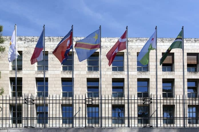 18 May 2021, Rome, Italy - Flags and building portrait, FAO HeadquarteRS