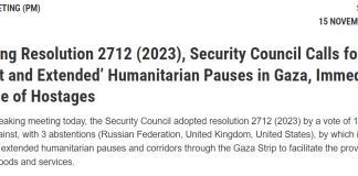 Adottando la risoluzione 2712 (2023), il Consiglio di sicurezza chiede una pausa umanitaria "urgente e prolungata" a Gaza e il rilascio immediato degli ostaggi