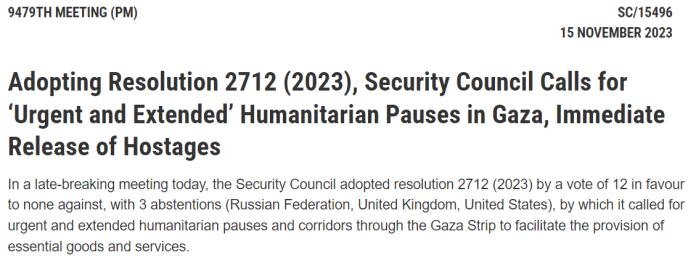 Adottando la risoluzione 2712 (2023), il Consiglio di sicurezza chiede una pausa umanitaria