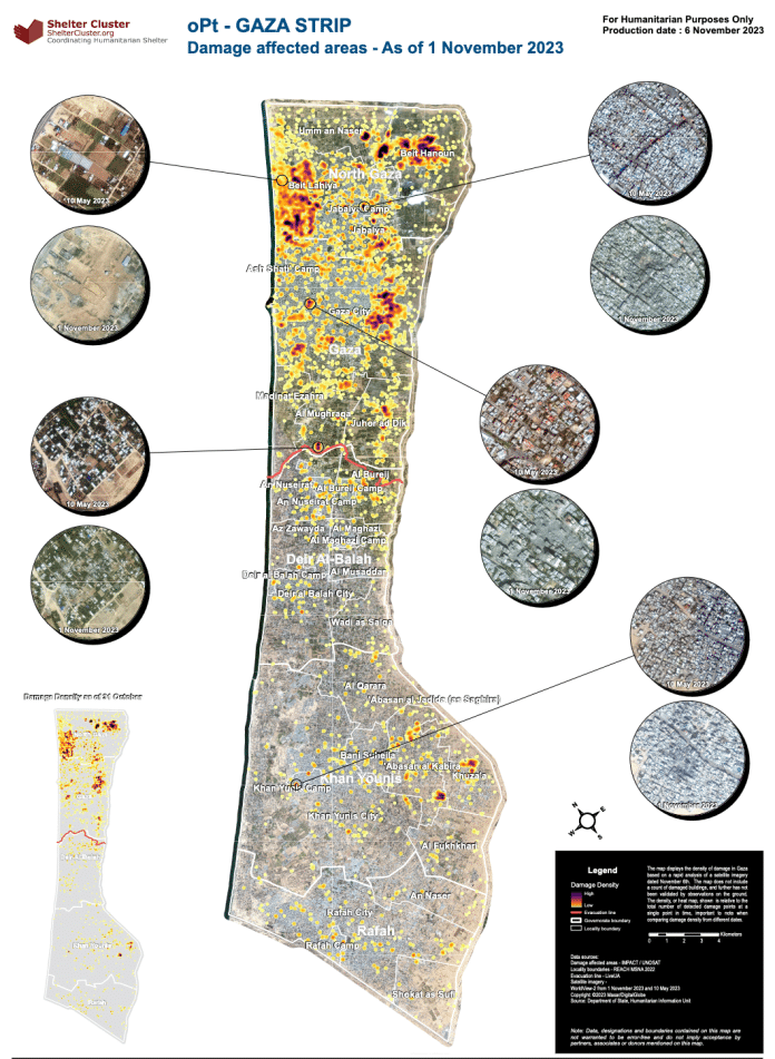 Zone di Gaza toccate dal conflitto al 1//11/23 - pubblicato il 6/11/23 - fonte UNHCR/Shelter Cluster