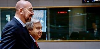 António Guterres e Charles Michel il 21 marzo 2024 a Bruxelles.